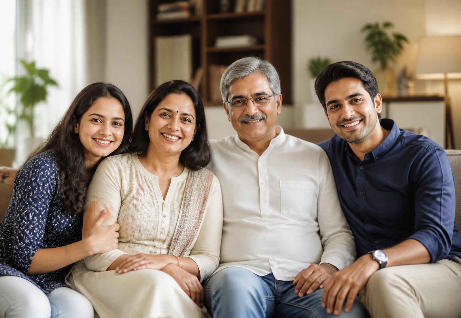 A family of four sitting together at home, discussing their financial plans