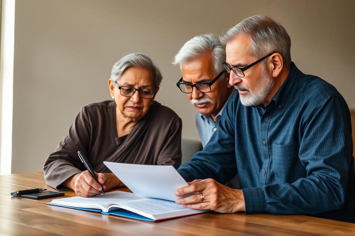 An advisor and a couple reviewing an insurance brochure at a table